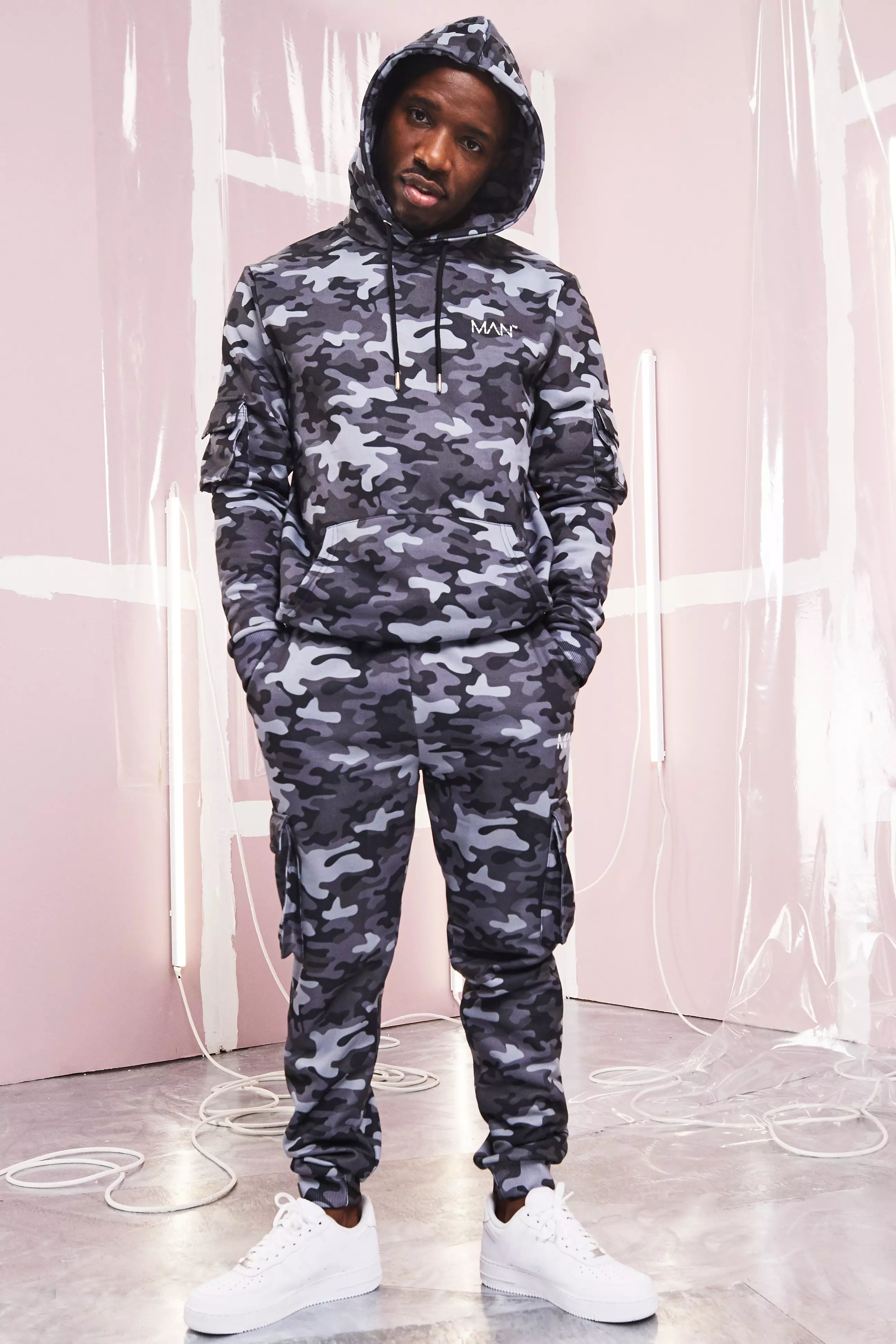 MAN Utility Camo Hooded Tracksuit boohooMAN UK